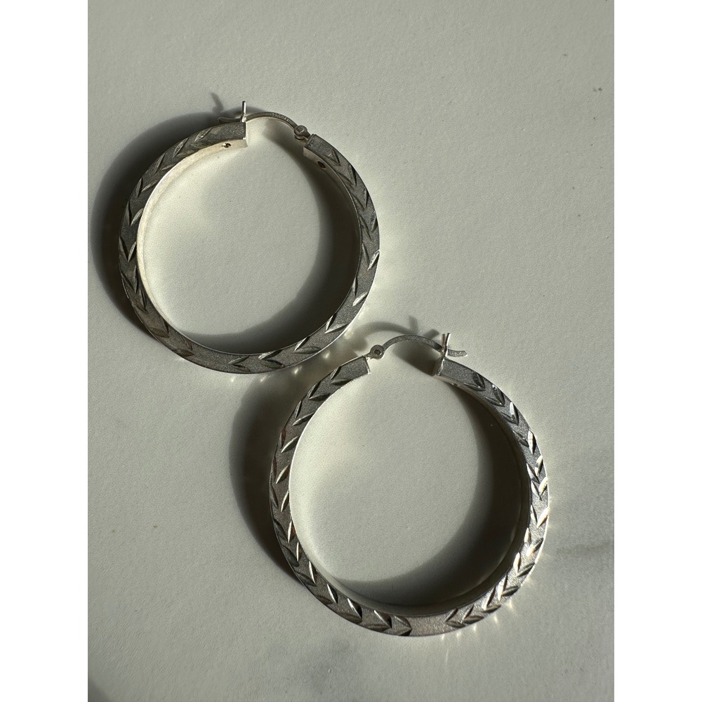 925 Sterling Silver Diamond Cut Chevron Hoop Earrings 1.5 Inch Italy 6.4g